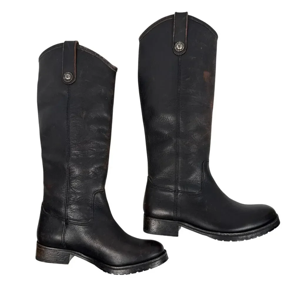 Frye Melissa Double Sole Button Lug Tall Boot Womens 6.5 M Black Antique Leather